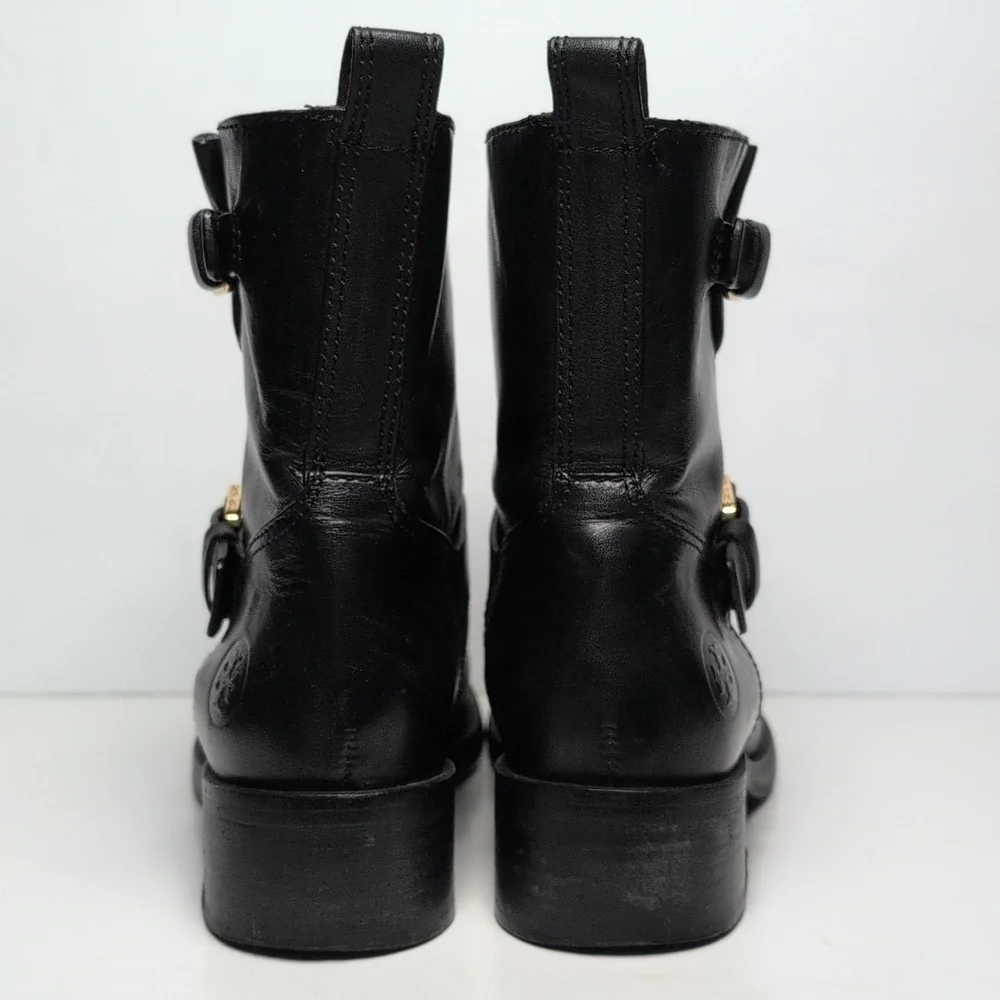 Tory Burch Bennie Black Combat Moto Boots with Buckle Straps womans size 7.5